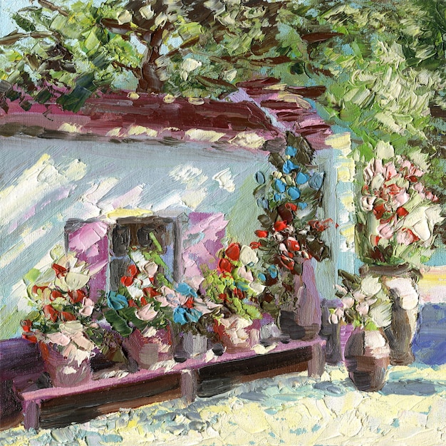 Obraz olejny na płótnie dom otoczony kwiatami