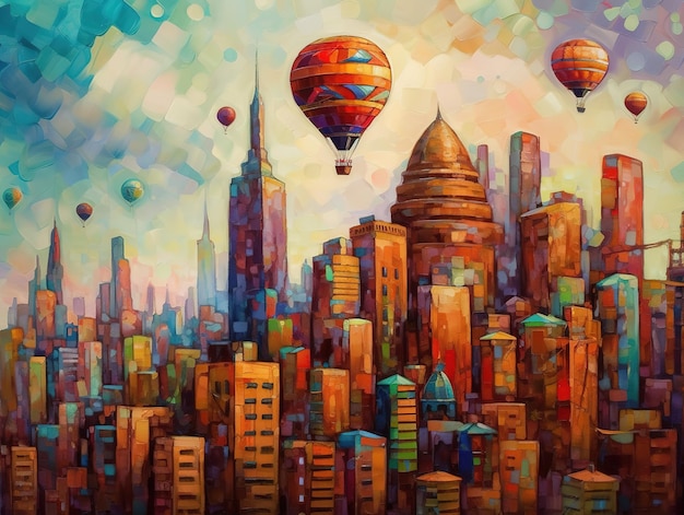 Obraz olejny przedstawiający abstrakcyjny, kapryśny pejzaż miejski z drapaczami chmur AI generatywną ilustracją