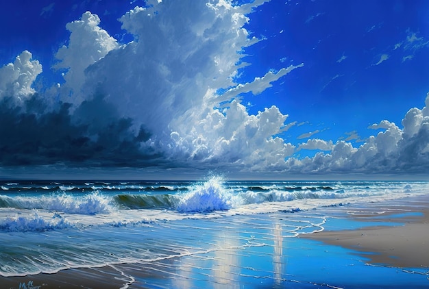 Obraz olejny przedstawiający błękitne wybrzeże i niebo