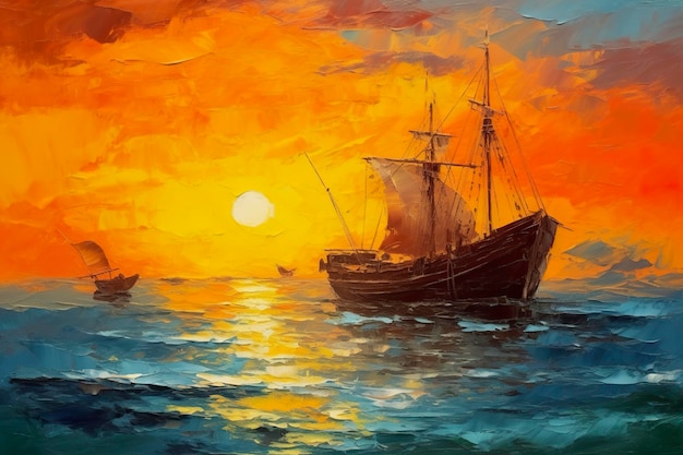 Obraz olejny przedstawiający łódź rybacką o zachodzie słońca nad morzem Koncepcja krajobrazu morskiego AI Generative