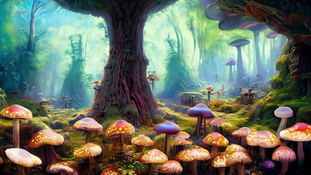 obraz olejny Surrealistyczna kraina fantazji z dużym lasem pełnym grzybów różnej wielkości