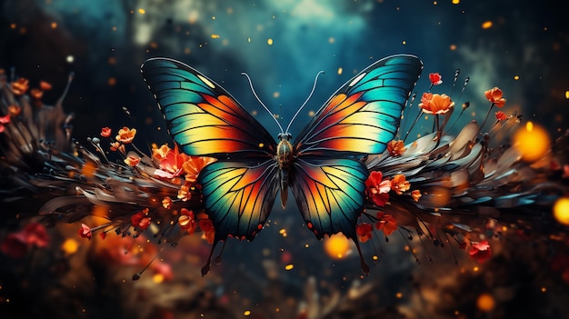 Obraz olejowy białego motyla z kwiatami na abstrakcyjnym tle Dekoracja wnętrza