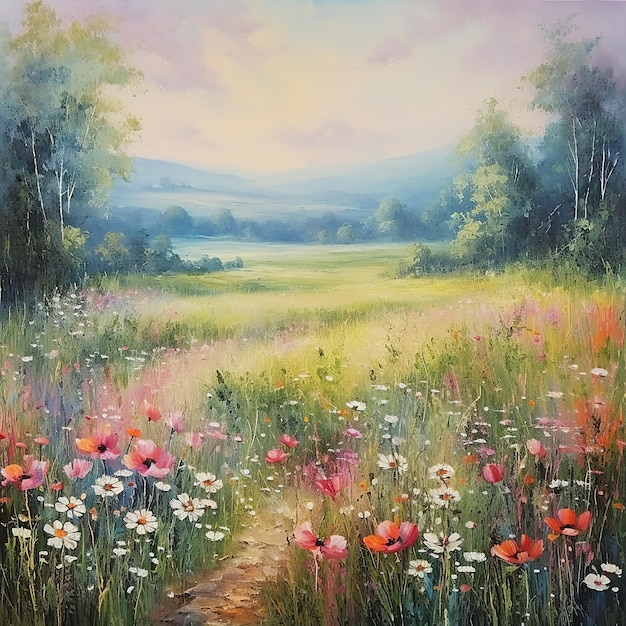 Obraz olejowy krajobrazu z dzikimi kwiatami