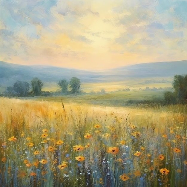 Obraz olejowy krajobrazu z dzikimi kwiatami