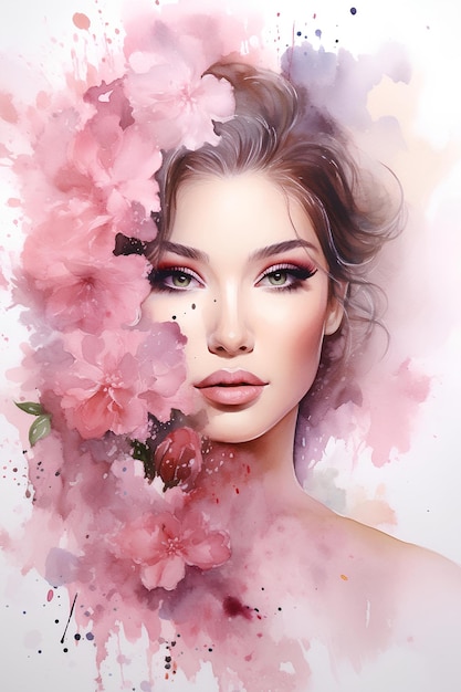 Obraz olejowy pięknej kobiety z różowymi kwiatami wokół twarzy