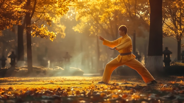 Obraz osoby ćwiczącej tai chi w spokojnym parku