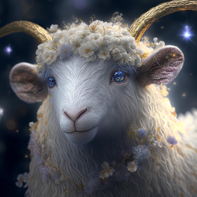 Obraz owcy z kwiatami na głowie