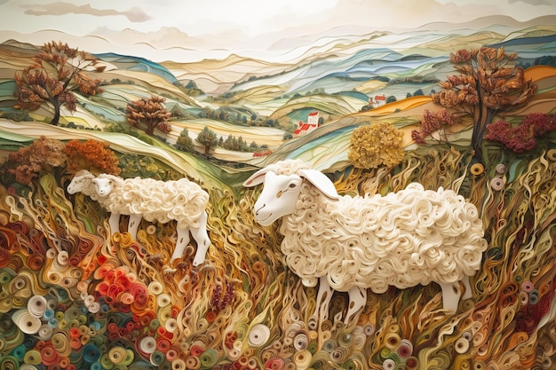 Obraz owiec w stylu papieru quilling art piękne kolory typ niski relief zwierzęta rolnicze Ilustracja generatywna AI