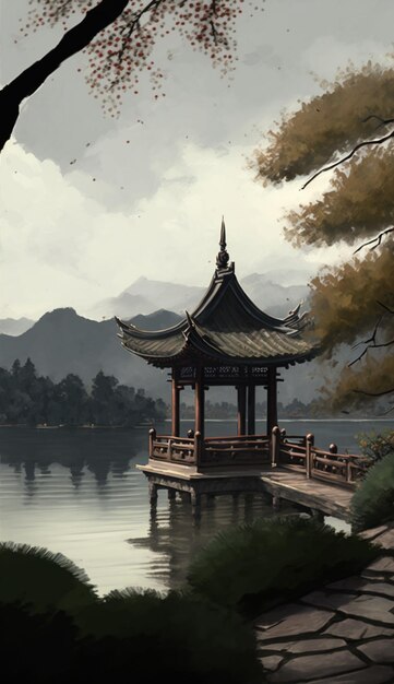 Obraz pagody na jeziorze