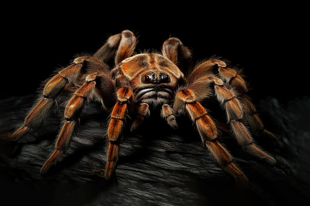 Obraz pająka tarantuli na czarnym tle Ilustracja zwierząt owadów Generatywna sztuczna inteligencja