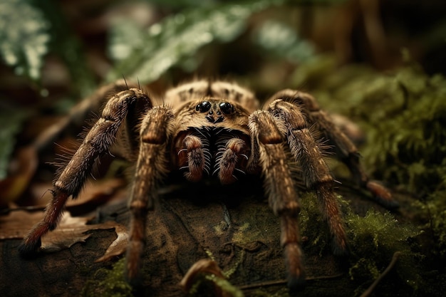 Obraz pająka tarantuli w lesie na naturalnym tle Ilustracja dzikich zwierząt owadów Generative AI