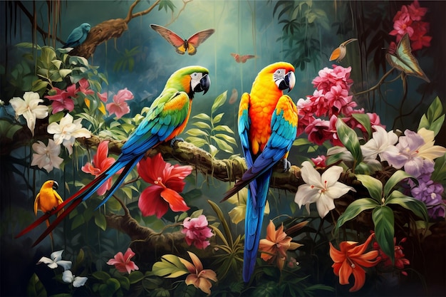 Obraz papug w dżungli z motylem na gałęzi