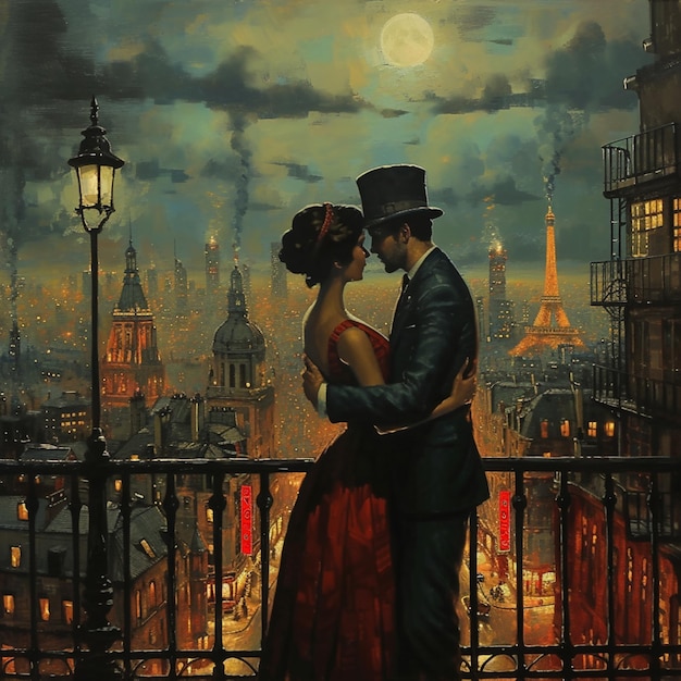 Obraz pary całującej się na balkonie z widokiem na miasto generatywny ai