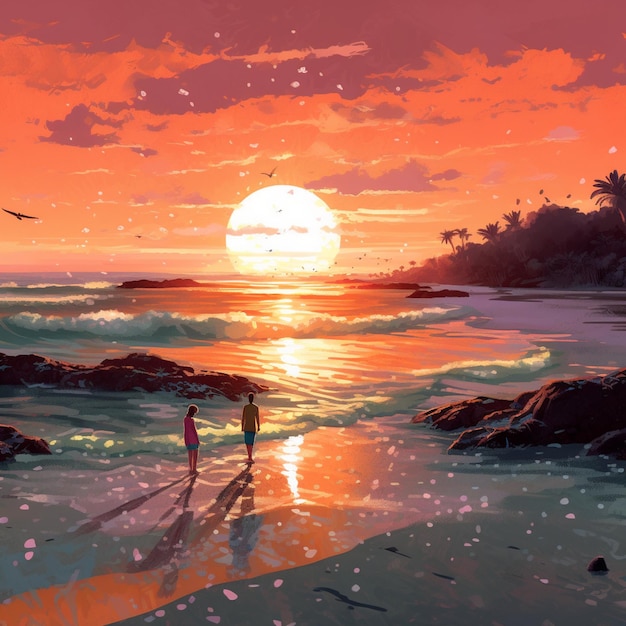 Obraz pary spacerującej po plaży przy zachodzie słońca