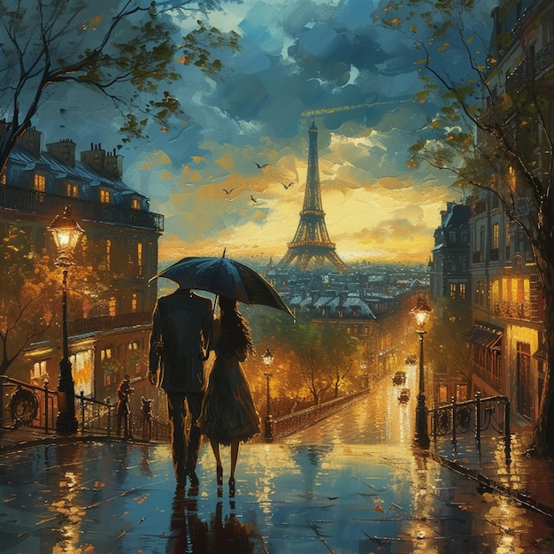 Obraz pary spacerującej w deszczu z parasolem generatywny ai