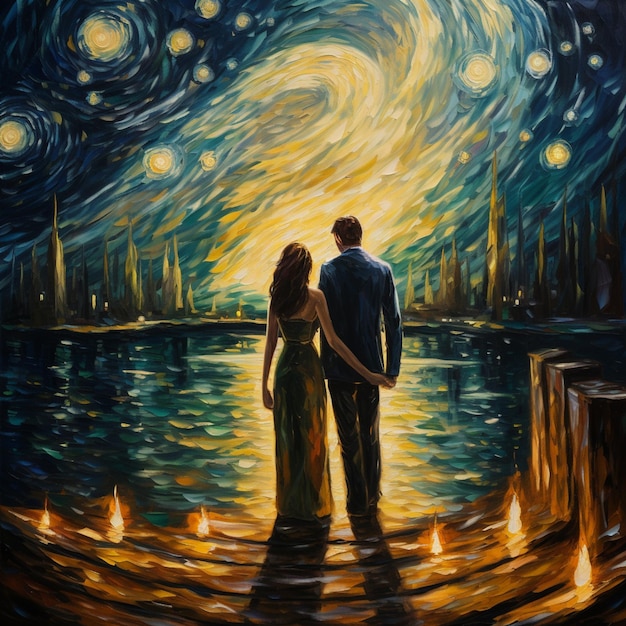 Obraz pary stojącej na doku patrzącej na gwiazdy generatywne ai
