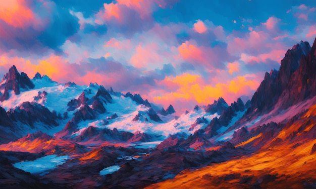 Obraz pasma górskiego z kolorowym niebem i chmurami.