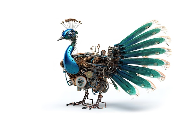 Obraz pawia zmodyfikowany w robota elektronicznego na białym tle Dzika przyroda Zwierzęta Ptaki Ilustracja Generatywna sztuczna inteligencja