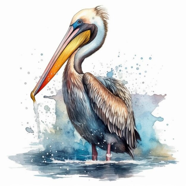 Obraz pelikana stojącego w wodzie z rybą w dziobie generatywny ai
