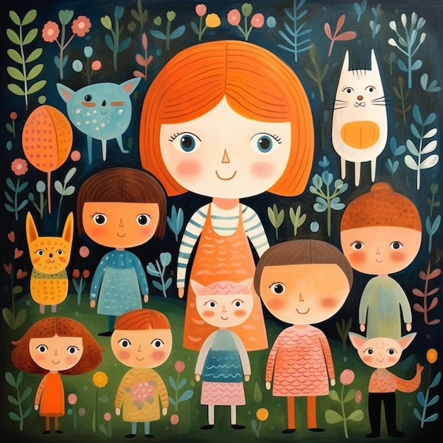 Obraz pięcioosobowej rodziny stojącej w ogrodzie z kotami i kwiatami