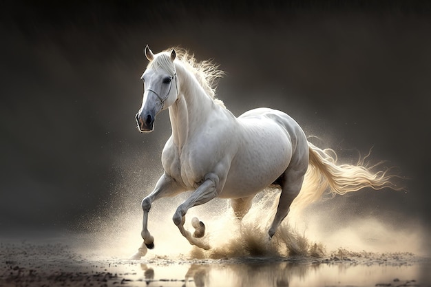 Obraz pięknego białego konia biegnie na naturalnym tle Ilustracja dzikich zwierząt Generative AI