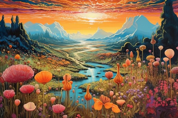 Obraz pięknego zachodu słońca z górą i kwiatami generatywny ai