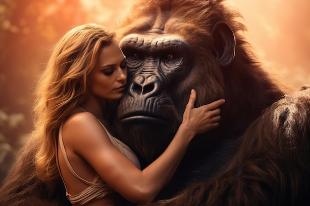 Obraz pięknej kobiety i dużego goryla wyrażającego przyjaźń Ilustracja zwierząt Generacyjna sztuczna inteligencja