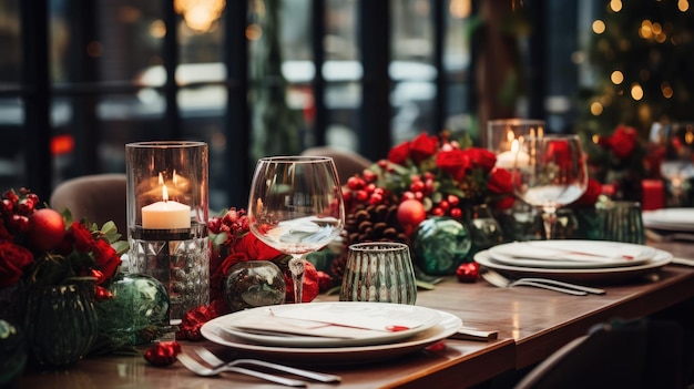 Obraz pięknie nakrytego stołu jadalnego z świątecznymi dekoracjami świątecznymi