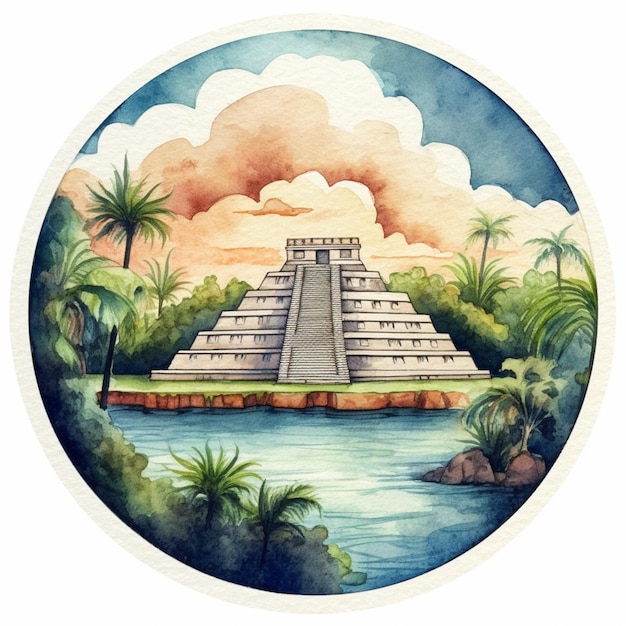 obraz piramidy w tropikalnym otoczeniu z rzeką generatywną ai