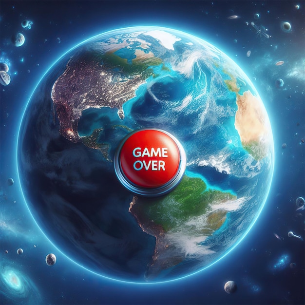 Obraz planety Ziemia z dużym czerwonym przyciskiem z napisem Game Over