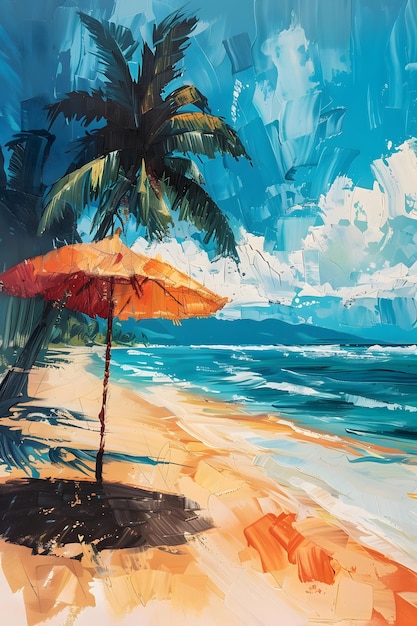 Obraz plaży z palmą i parasolem