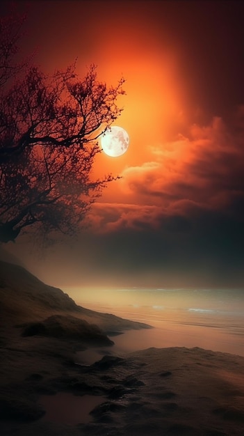 Obraz plaży z pełnią księżyca na niebie.