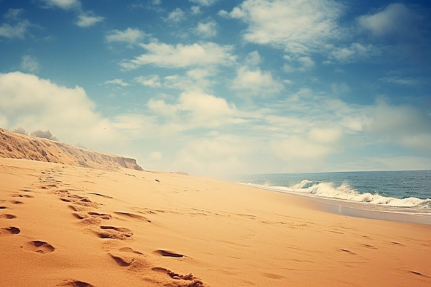 Obraz plaży z śladami stóp w piasku i niebieskim niebem