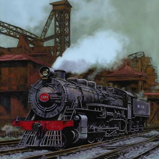 Obraz pociągu na torze z dworcem kolejowym w tle generatywny ai