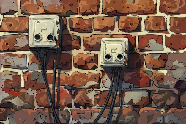 Zdjęcie obraz pokazujący parę przewodów elektrycznych podłączonych do ceglanej ściany nadaje się do zilustrowania połączeń elektrycznych lub koncepcji infrastruktury