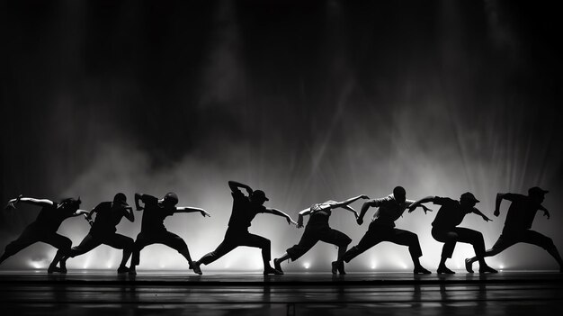 Obraz pokazuje grupę tancerzy w różnych pozycjach. Wszyscy noszą zwykłe ubrania i tańczą w skoordynowany sposób.