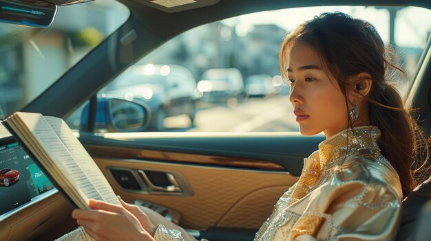 Obraz pokazuje młodą kobietę czytającą książkę w autonomicznym samochodzie Samochody bez kierowcy Samochody z głową w górze wyświetla technologie motoryzacyjne