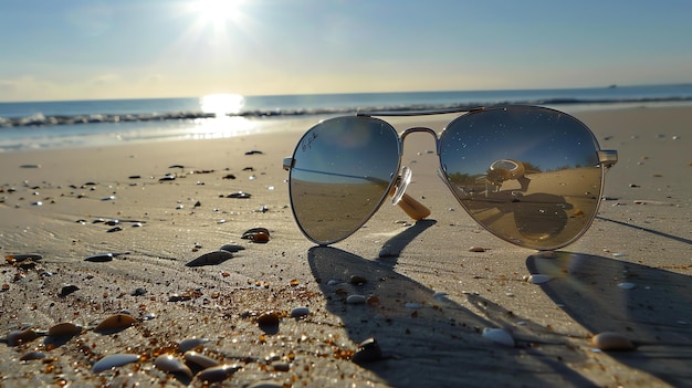 Zdjęcie obraz pokazuje parę okularów przeciwsłonecznych lotniczych leżących na piasku na plaży. okulary odzwierciedlają słońce i plażę.