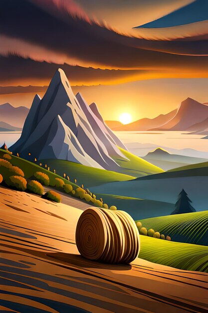 Zdjęcie obraz pola z górami i rolką siana.
