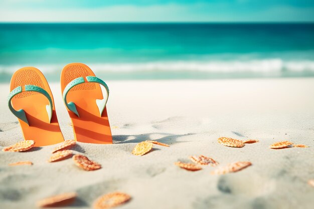 Obraz pomarańczowych pantofli na idealnej plaży
