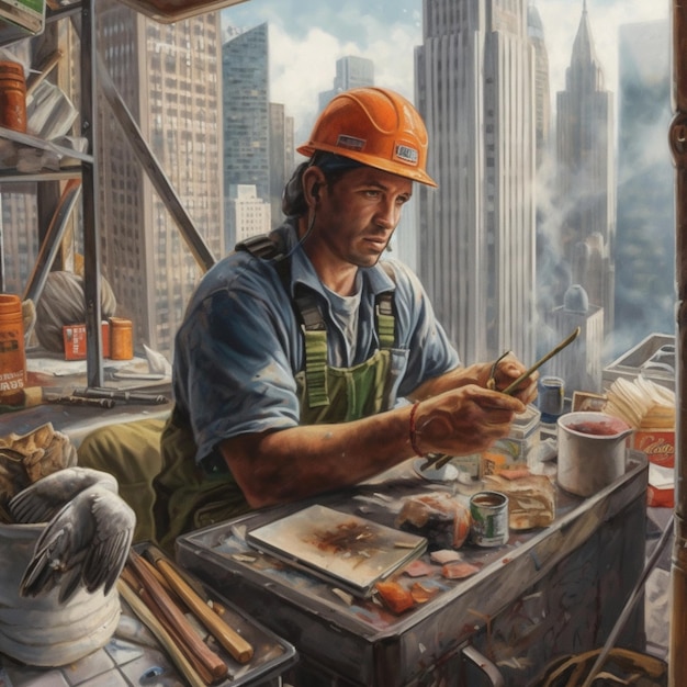 Obraz pracownika budowlanego w kasku budowlanym siedzi przy biurku przed pejzażem miejskim.