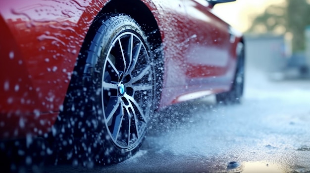 Obraz przed sceną samochodu sportowego umytego wodą i pianką, widok samochodu z przodu i mycie pianką