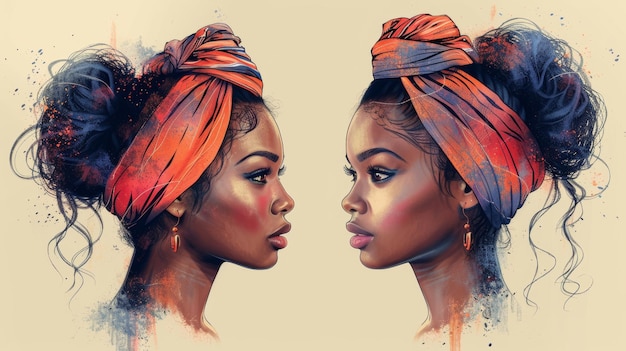 Obraz przedstawia afroamerykańską dziewczynę noszącą szalik w włosach w miękkim pastelowym kolorze. Ma być używany jako avatar sieci społecznościowej w miękkich pastelowych kolorach