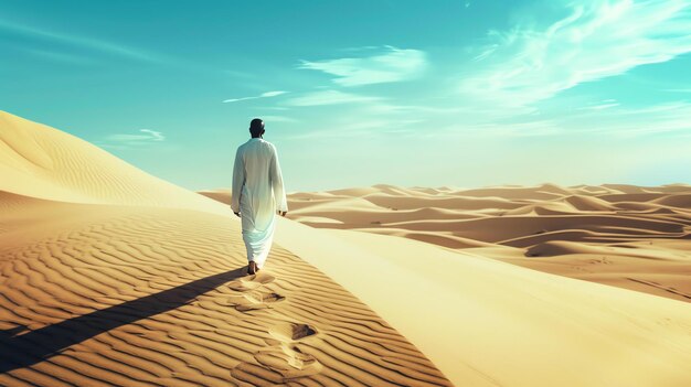 Obraz przedstawia mężczyznę w białych tradycyjnych ubraniach idącego boso po środku rozległej pustyni