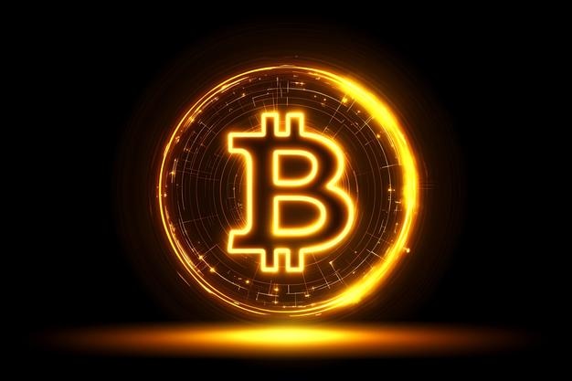 Obraz przedstawia minimalistyczną ilustrację świecącego konturu bitcoina