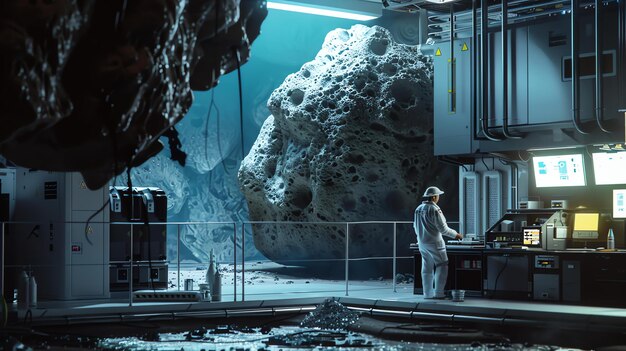 Zdjęcie obraz przedstawia naukowca w futurystycznym laboratorium. naukowiec nosi biały płaszcz laboratoryjny i stoi przed dużą asteroidą.