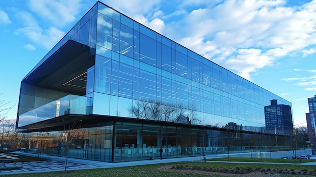 Zdjęcie obraz przedstawia nowoczesny budynek ze szkła i stali z niebieskim niebem i białymi chmurami odbijającymi się w oknach