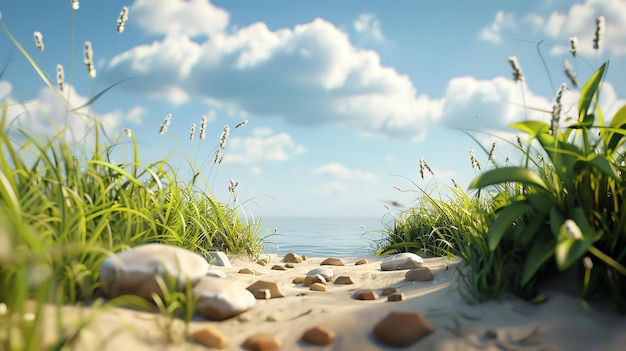 Zdjęcie obraz przedstawia piękny krajobraz piaszczystej plaży z zieloną trawą i białymi skałami na pierwszym planie oraz niebieskie morze i niebo w tle