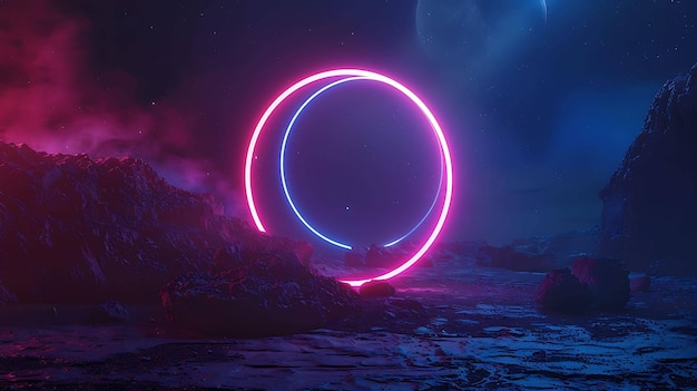 Obraz przedstawia piękny krajobraz skalistej powierzchni księżyca lub planety z świecącym niebieskim i różowym kręgiem neonowym w środku