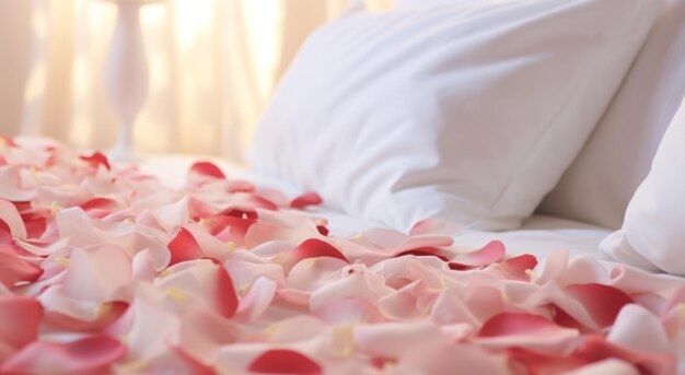 obraz przedstawia płatki białych róż i biały jedwabny kwiatowy wzór na hotelowym łóżku